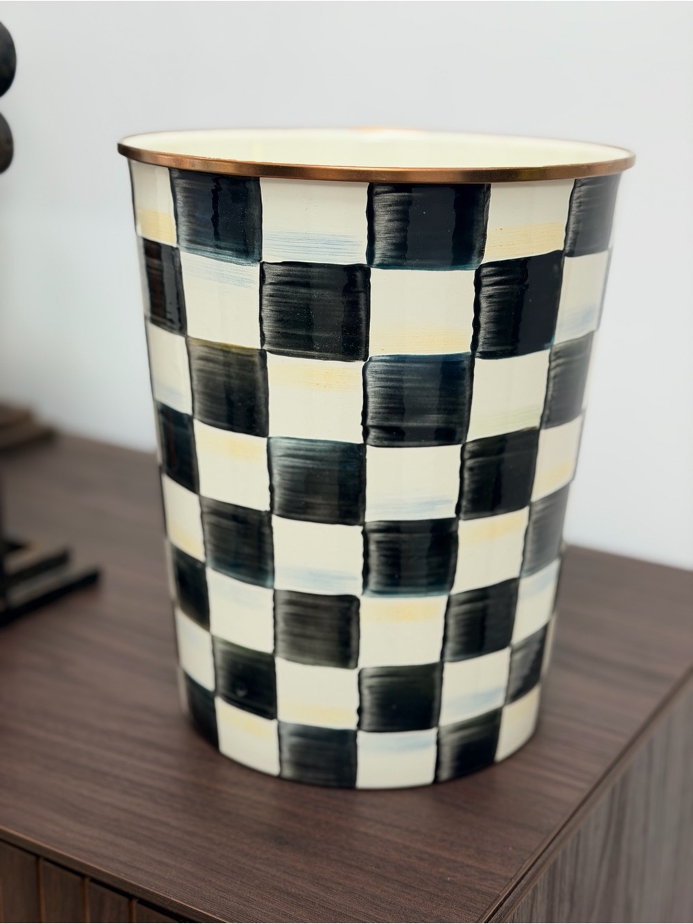 MacKenzie-Childs Black and Cream Checker Waste Bin